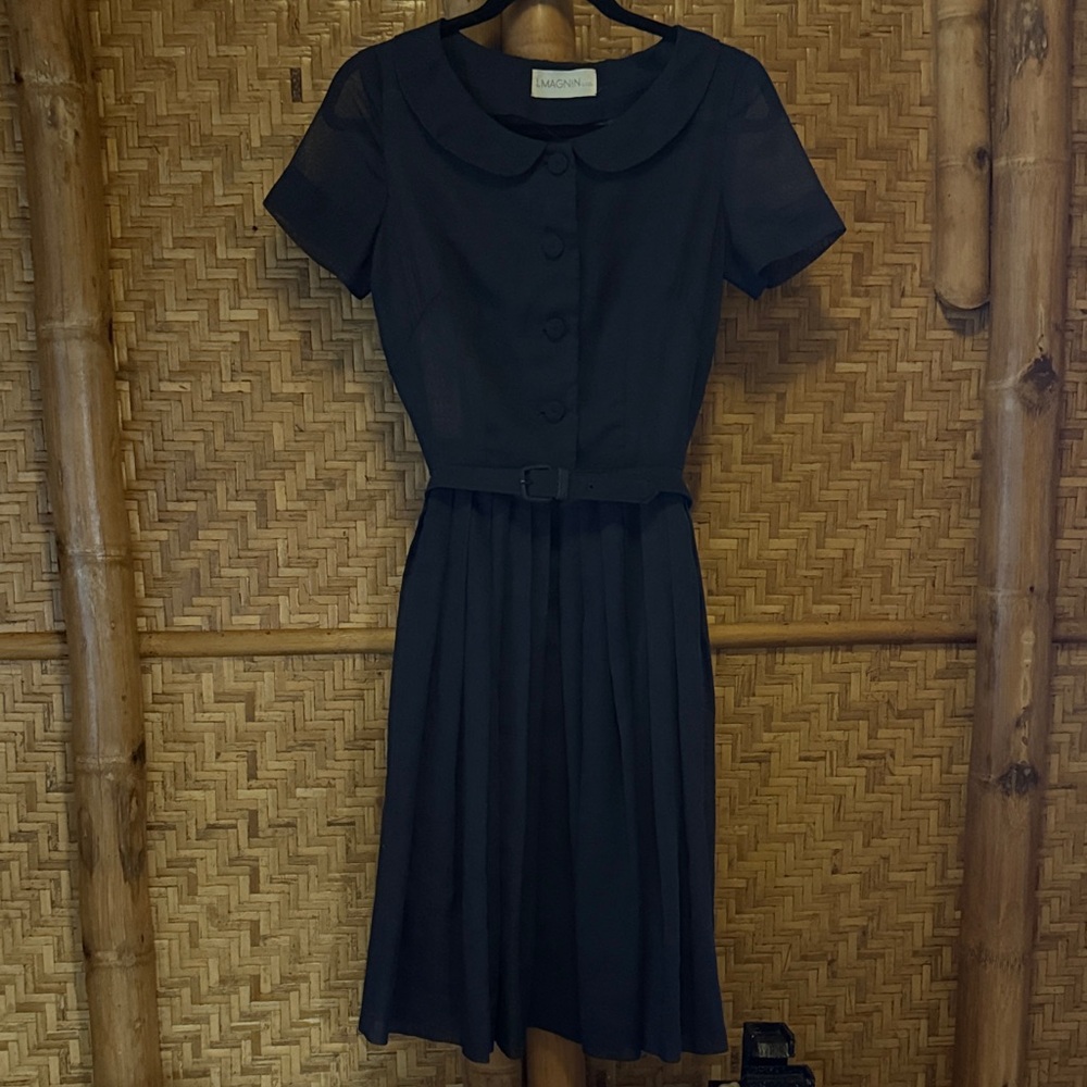Vintage I. Magnin & Co sheer navy Elegant belted midi Dress XS
